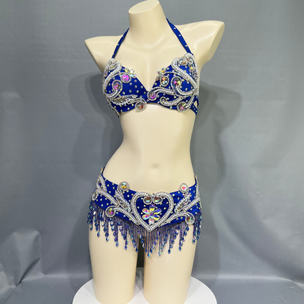 Beaded Belly Dance Costume EDC Party Samba Carnival Outfit (Bra Belt) 7 Colors