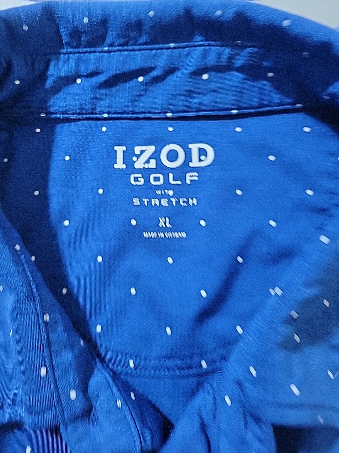 IZOD Mens Golf Stretch Polo Shirt Blue White Polka Dot Poly/Spandex Blend Sz XL
