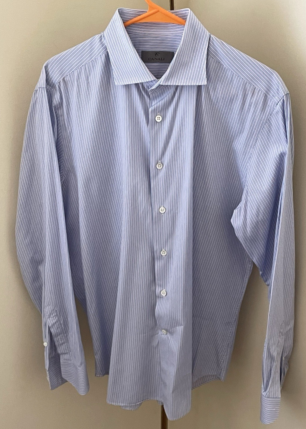 Canali Men’s Size 42X16.5 Blue Bold Stripe Spread Collar Dress Shirt