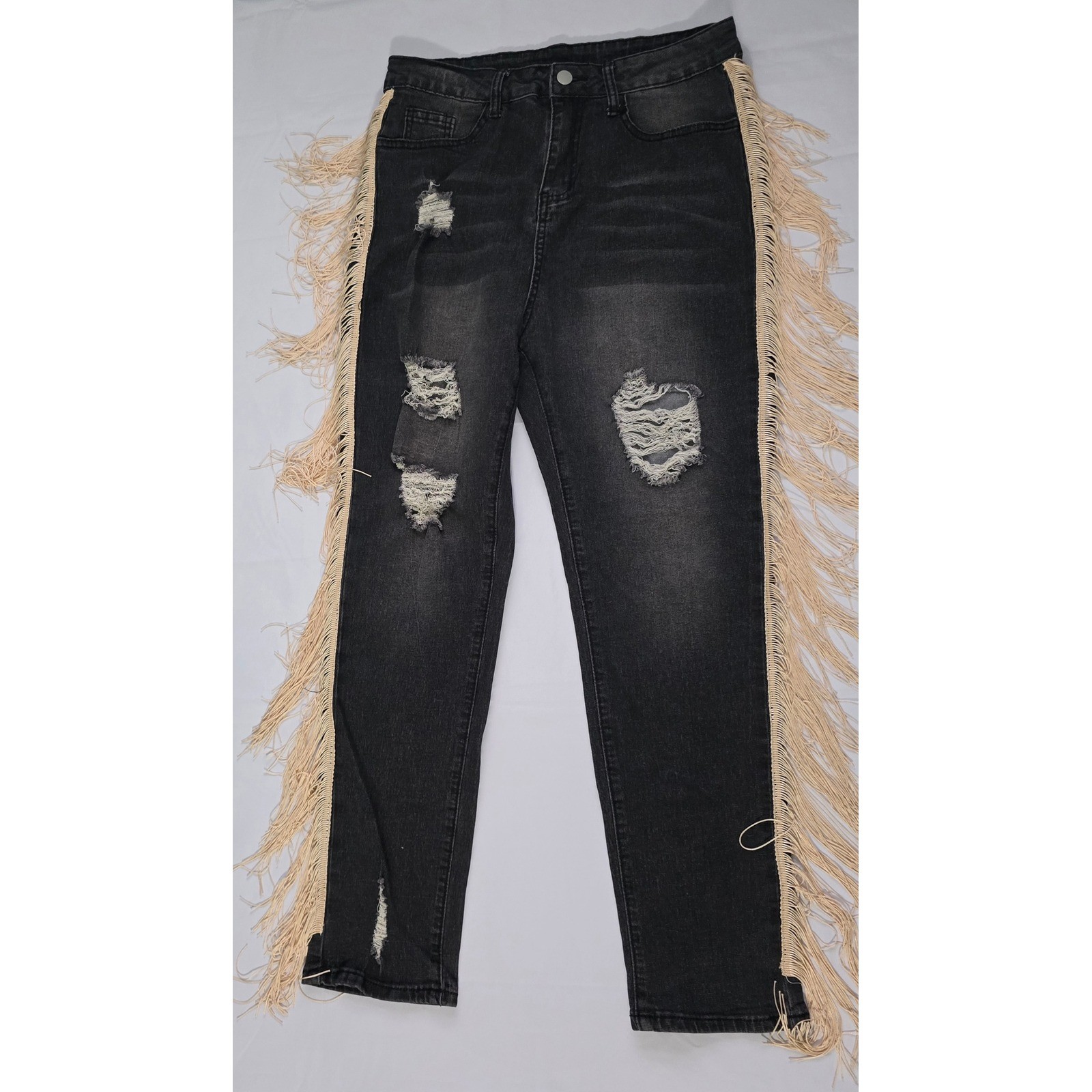 Shein Distressed Fringe Side Trim Jeans Black High Waisted Boho Ripped Denim M