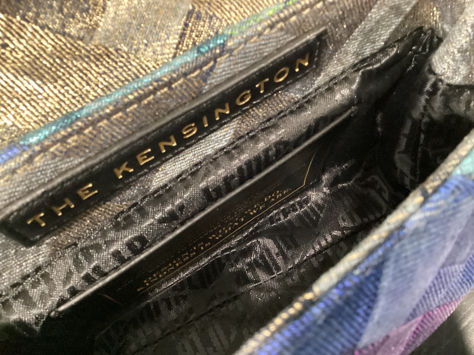 Kurt Geiger Mini Kensington 8″x5″x2.75″ Distressed Metallic Rainbow Denim Soft