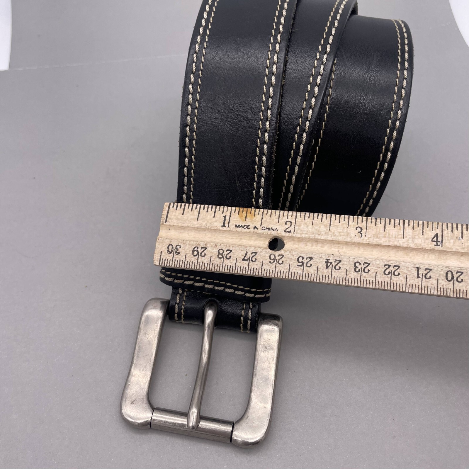 Men’s Black Leather Casual Belt Stitching Detail Silver Tone Buckle Closure 39in