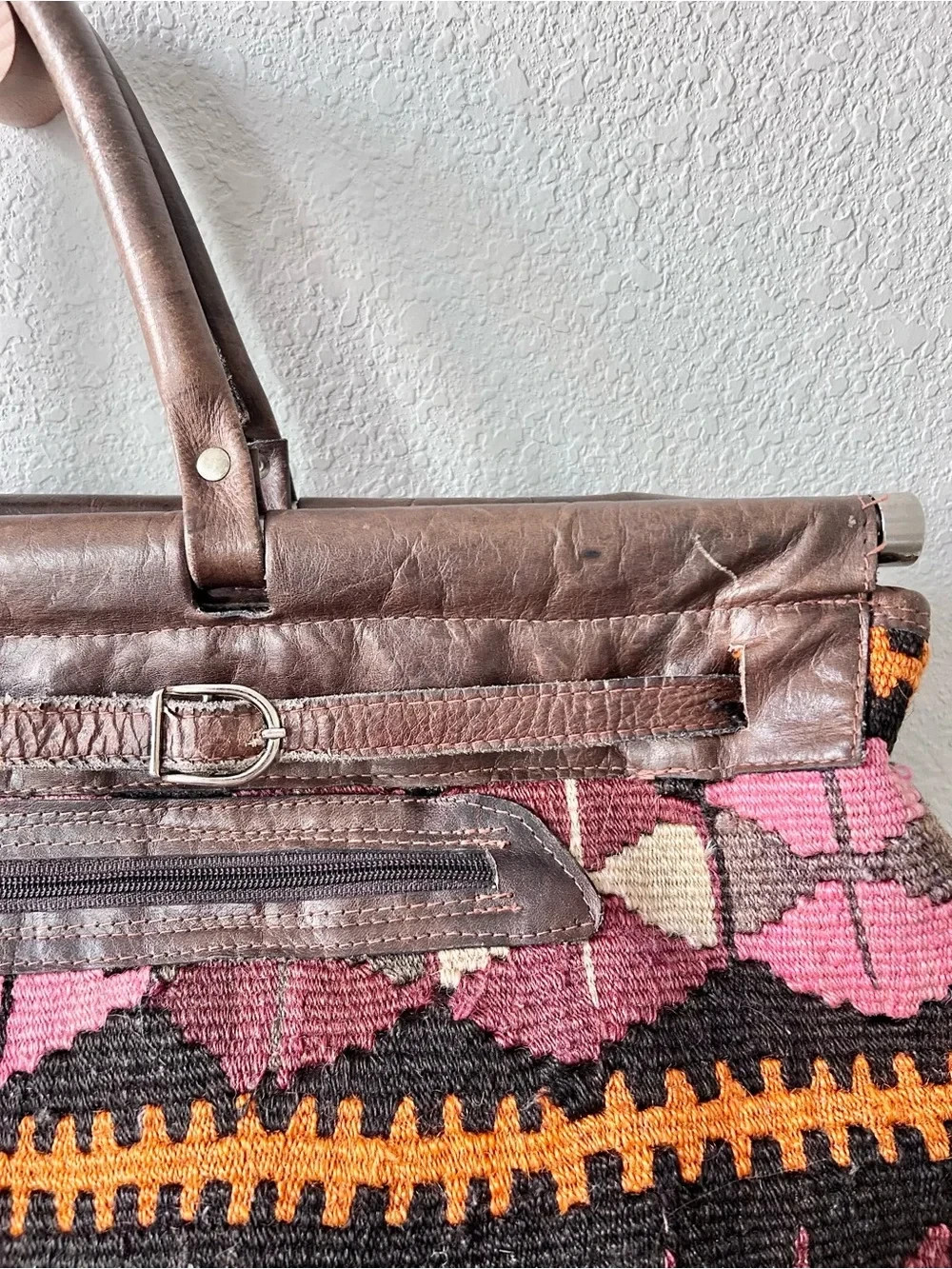Turkish Anatolian Rug Bag with Leather Details Handmade Vintage Aztec Travel