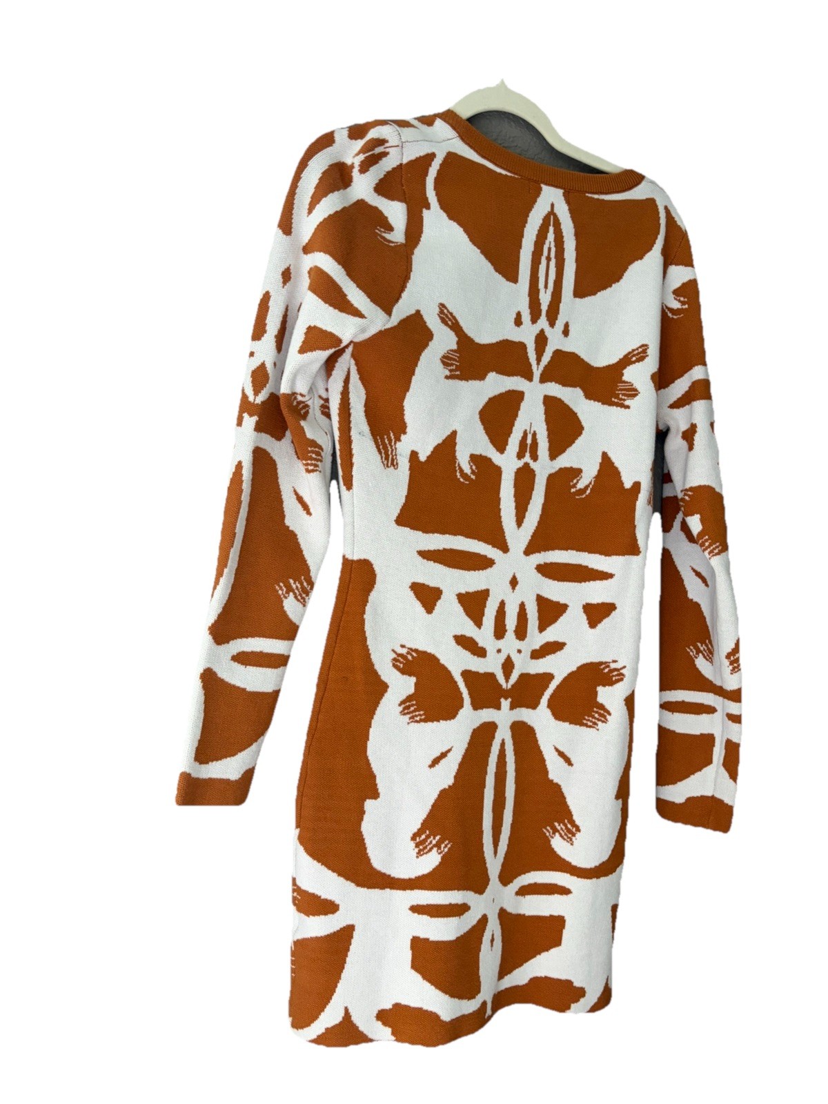 Fashion Nova Klarissa Rust White Floral Ribbed Knit V-Neck Sweater Dress M