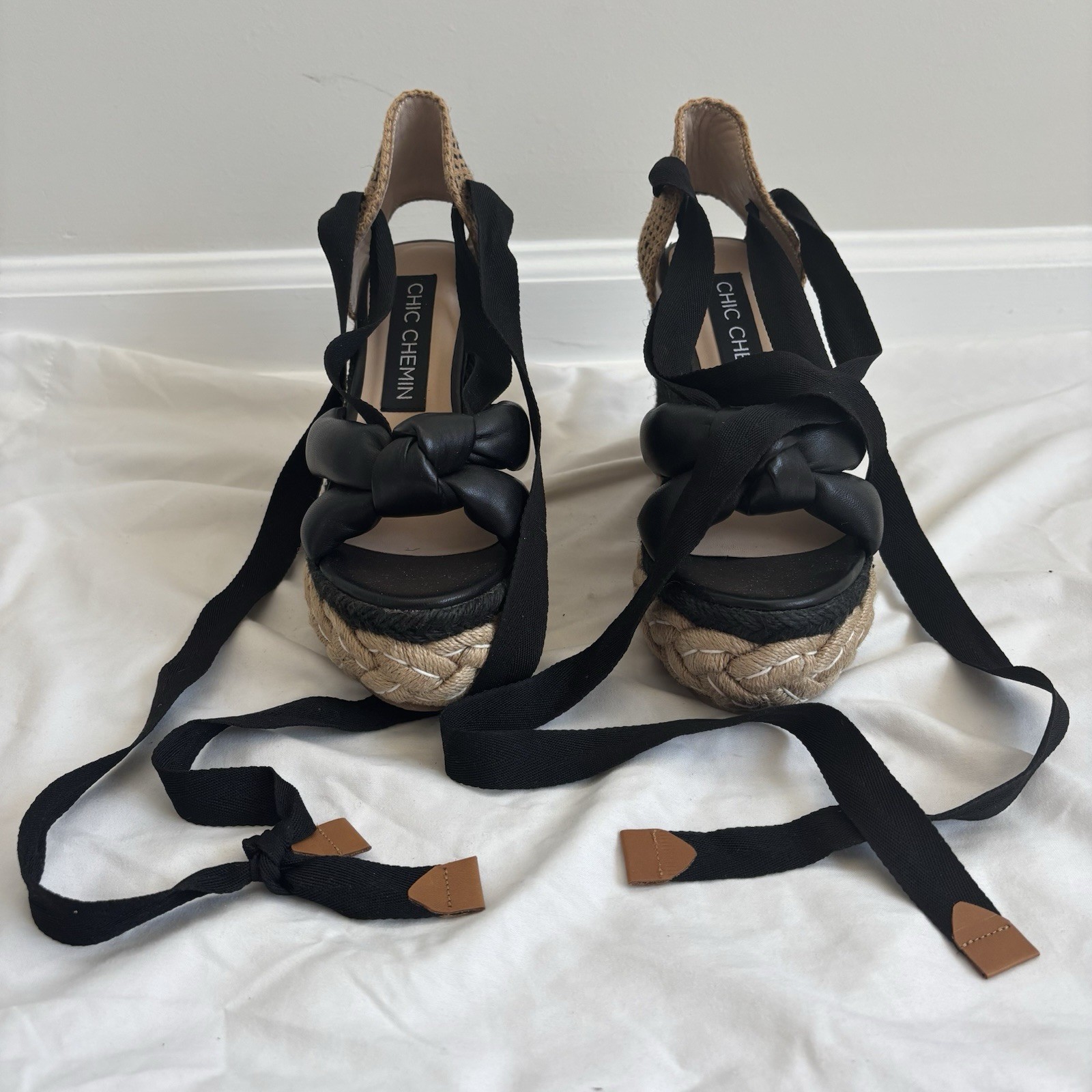 Chic Chelle Women’s Black Wedge Espadrille Sandals Ankle Wrap Tie EU 36