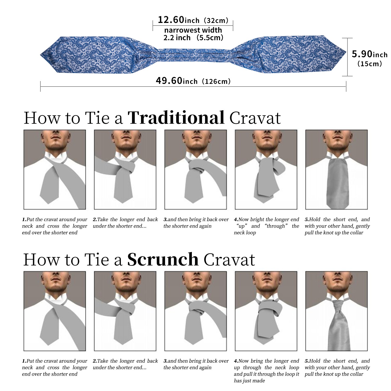 Mens Ascot Pocket Square Cufflinks 3-Piece Set for Wedding Formal Wear Gifts