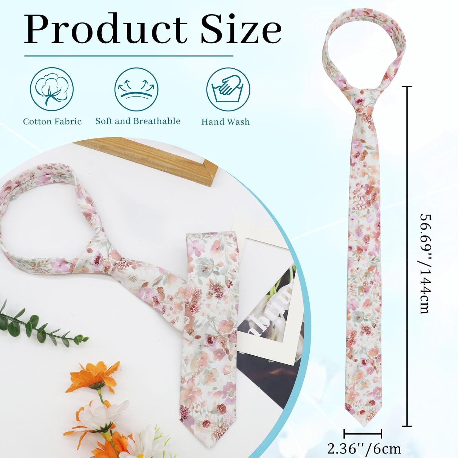 Men’s Floral Pattern Cotton Skinny Neckties Printed Ties for Men