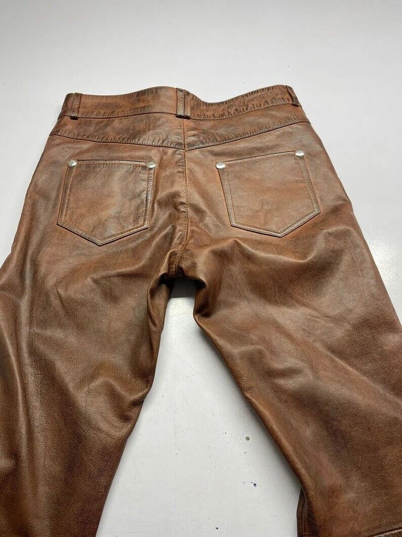 Men’s Leather Pants Trouser Jeans Real Brown Thick Cowhide Lederhosen Lederjeans