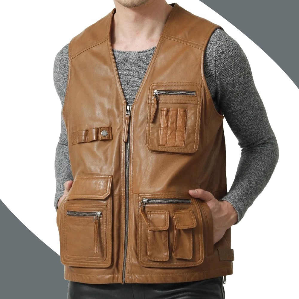 Men’s Tan Brown Leather Motorcycle Vest Cognac Motorbike Waistcoat Gilet Jacket