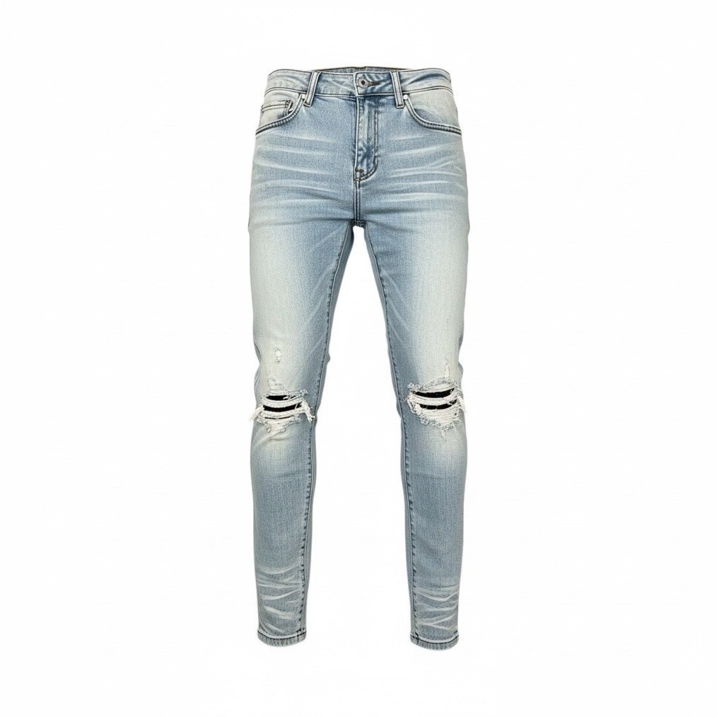 Men’s ripped denim slim fit stretch distressed blue bike pants size 32×32
