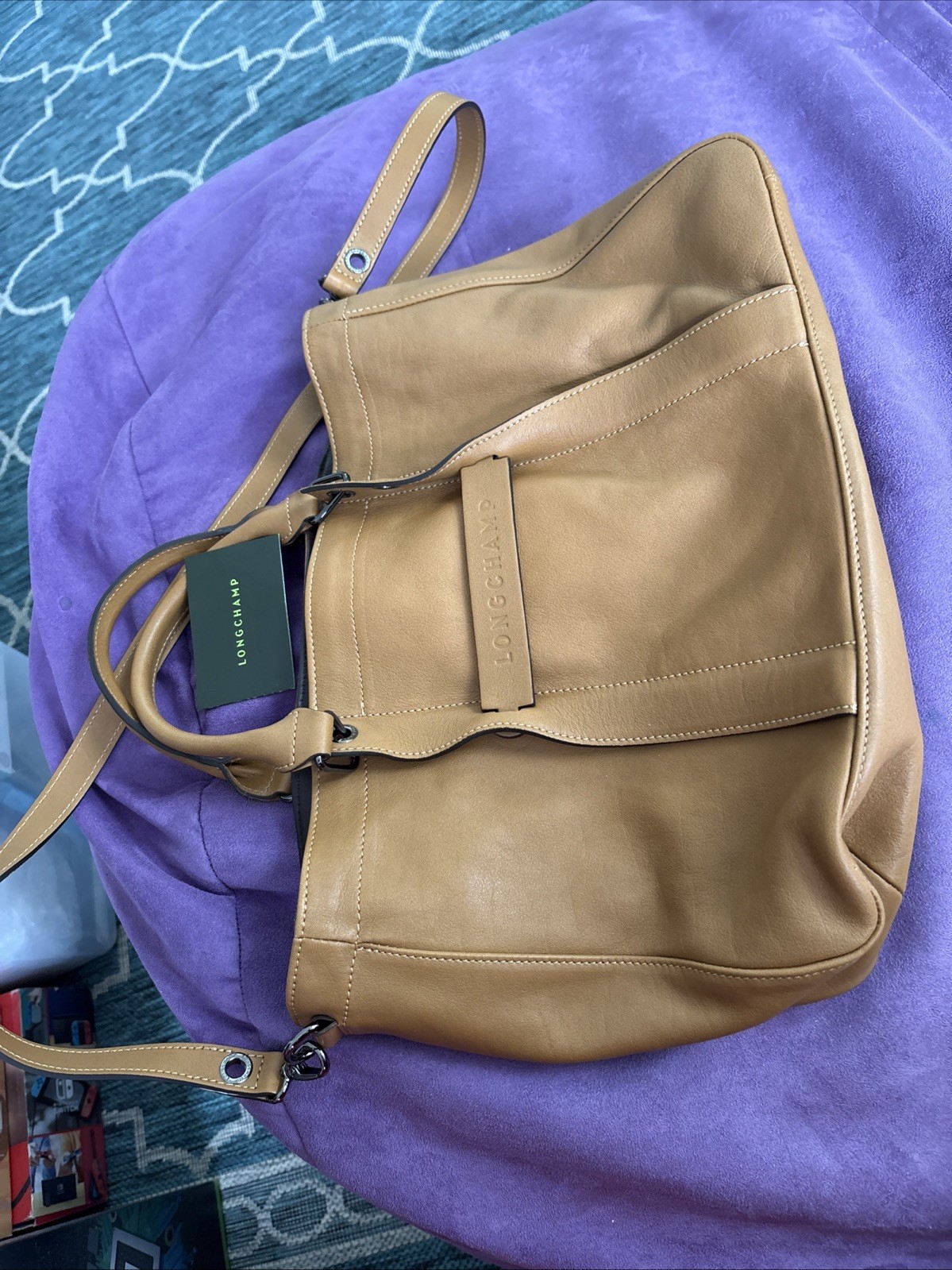 Longchamp naturel All Leather Hand Bag Tote Purse Leather brown L1285770016