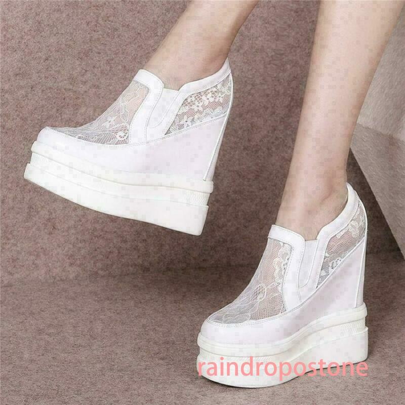 14cm Womens Leather Shoes Wedge Heel Sneakers Platform Lace Slip on Elegant Chic