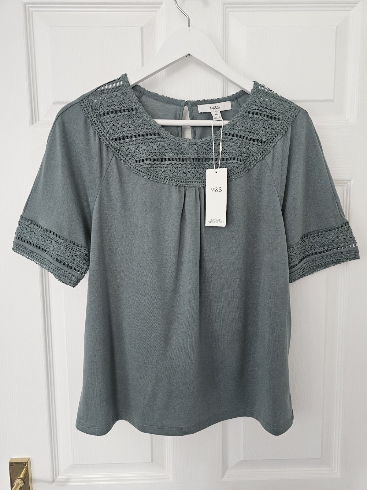 M&S Lace Yoke Top Size 12 Short Sleeves Dark Sage Green Cotton Blend BNWT