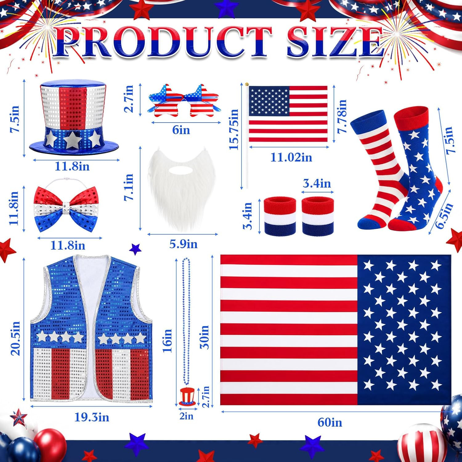 10 Pcs 4Th of July Patriotic Costume Set for Men American Flag Cape Outfit for U