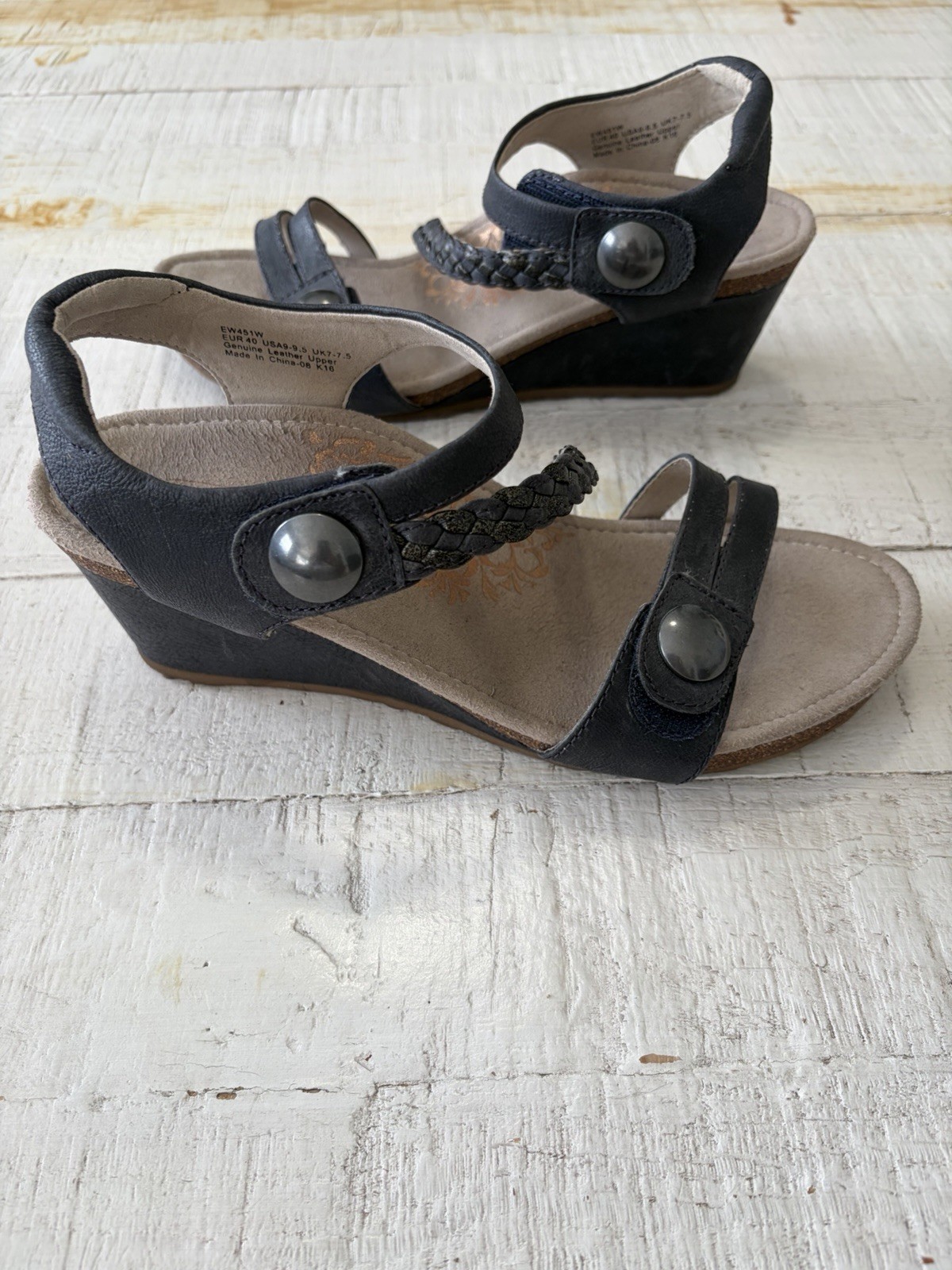 Aetrex Naya Wedge Sandals EU size 40 US 9 9.5 Navy Blue Braided Strap Leather