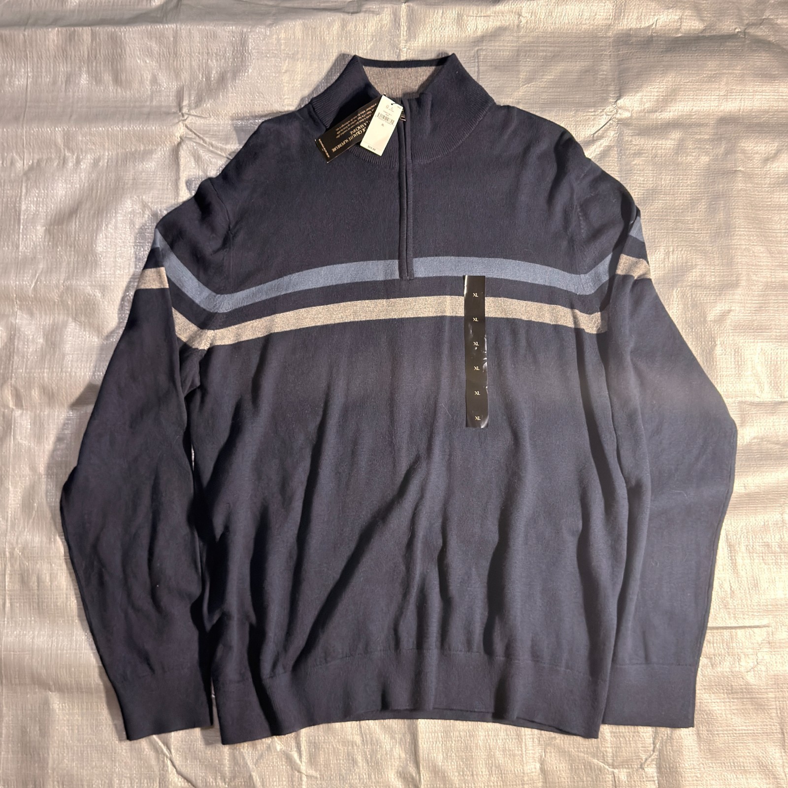 NWT Banana Republic Sweater Mens XL Blue Striped Premium Luxe Yarn 1/4 Zip $70