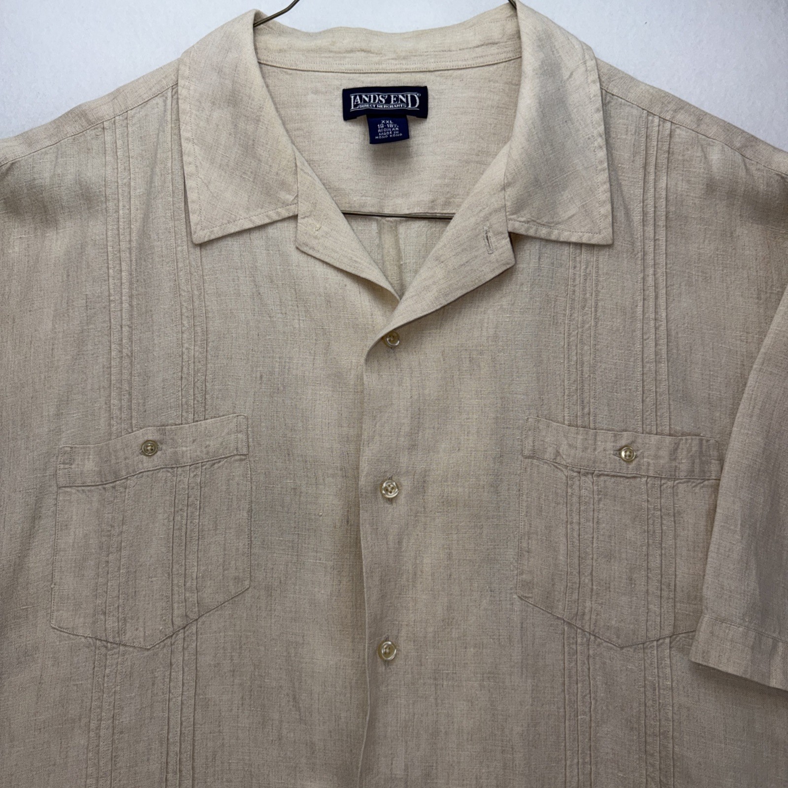 Lands End 100% Linen Shirt 2XL Light Beige Short Sleeve Button Down Hong Kong