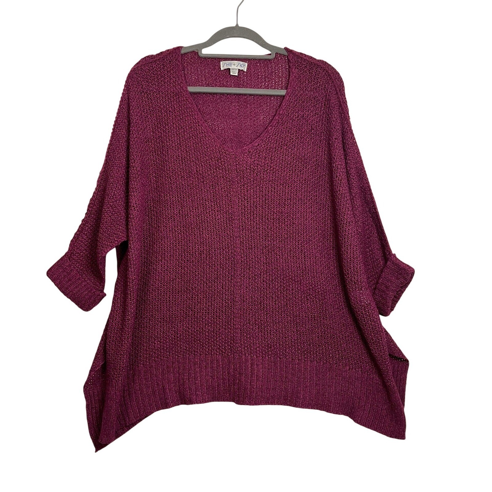 She + Sky One Size Open Knit Crochet Slouchy V Neck Sweater Poncho Berry Boho