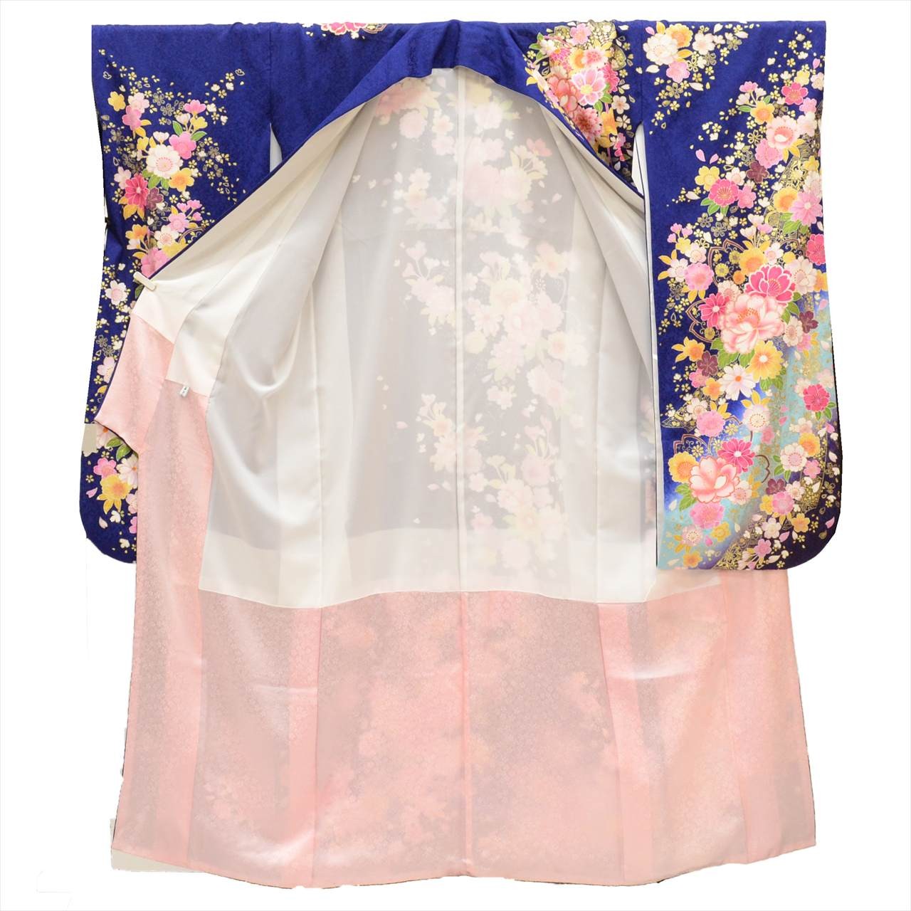 Vintage Kimono Furisode | Navy Silk Floral Gold Thread Foil | Tall LL uu0239b