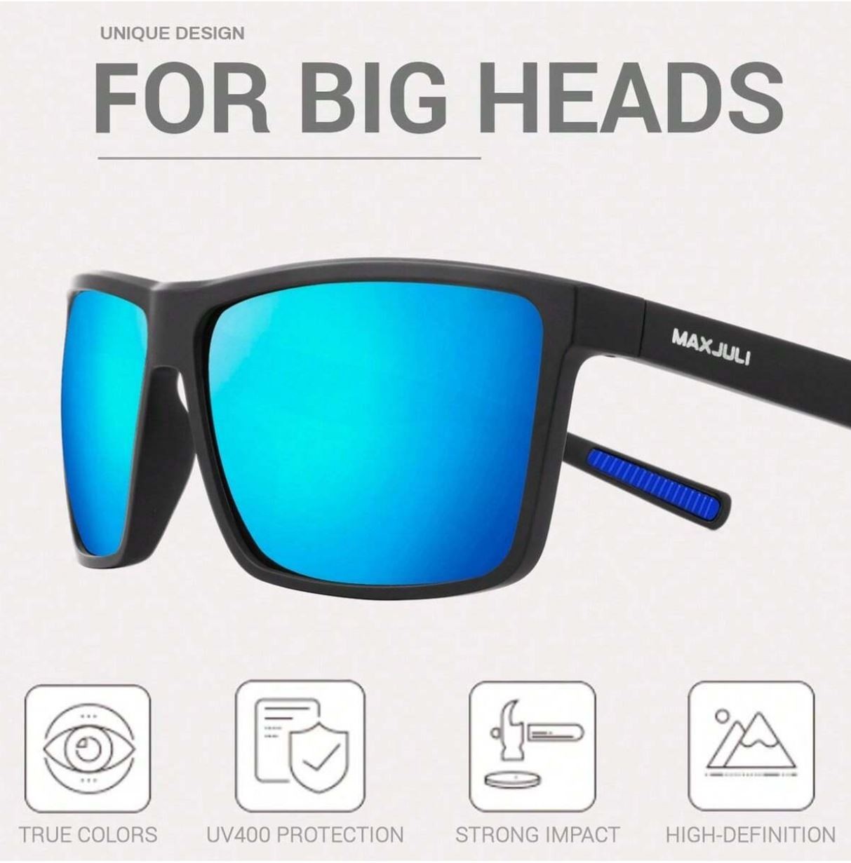 Men’s XXL Wide Fit Polarized Square Sunglasses Matte Black TR90 Blue Mirror Lens