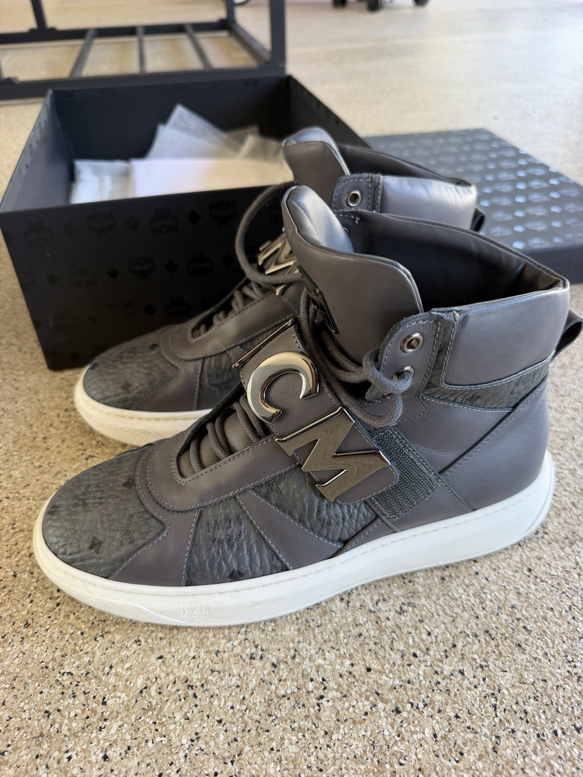 MCM Men’s High Top GRAY Leather Lace-Up Sneakers Black/White Logo Pattern