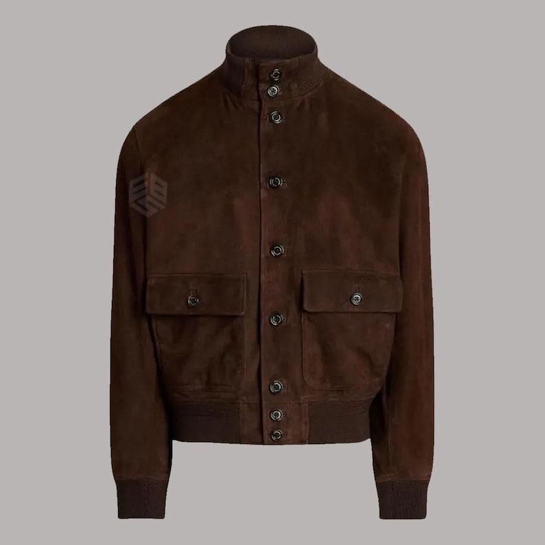 Handmade Dark Brown Suede Bomber Jacket: High-Neck Goatskin Leather Outerwear