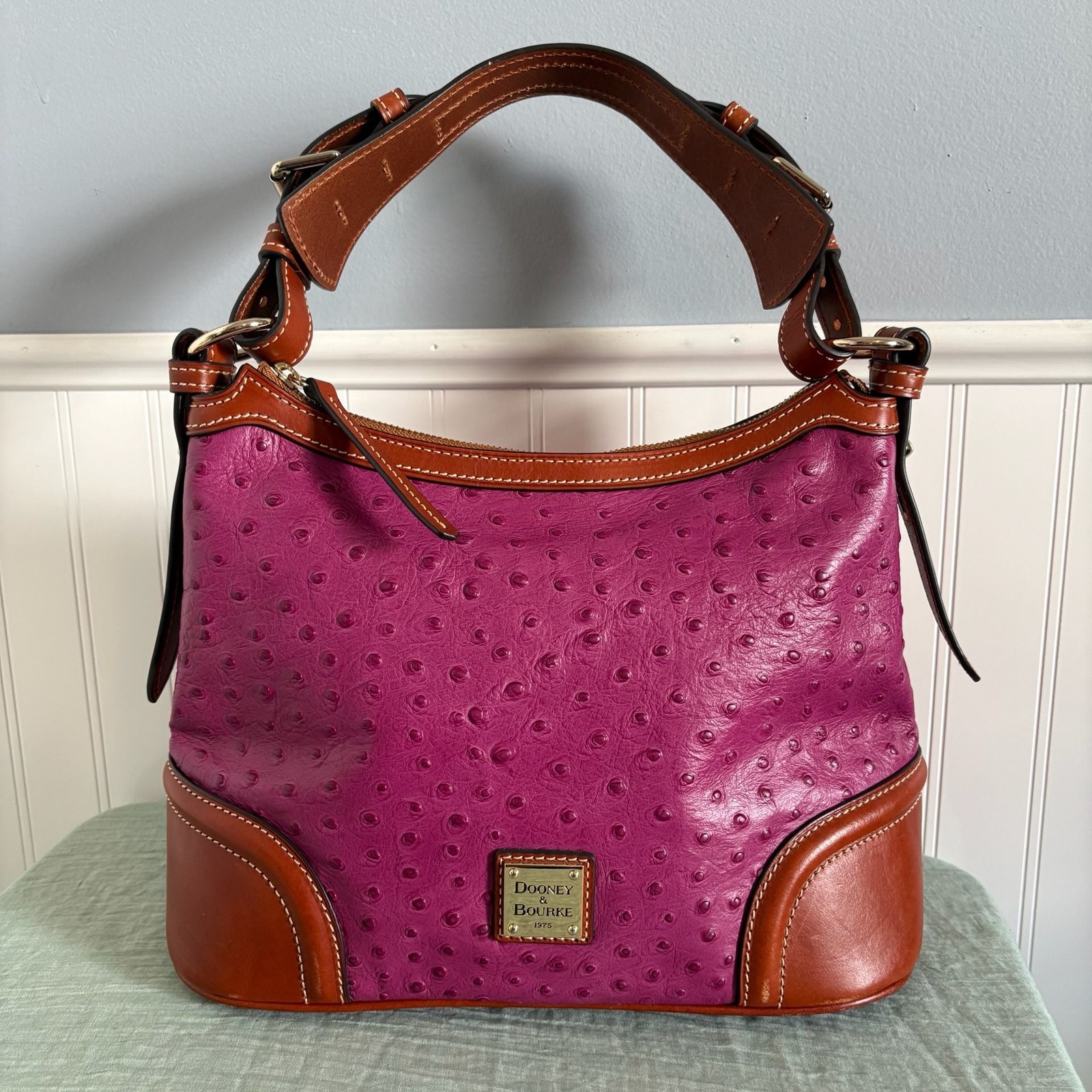 Dooney & Bourke Ostrich Embossed Leather Hobo Shoulder Bag in Fuchsia