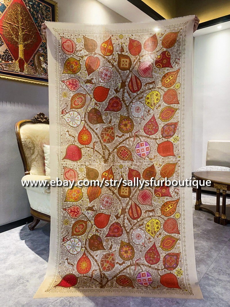 Sallys 200s Cashmere Thin Scarf Wrap Shawl Leaves Print Soft Delicate 78″*39″