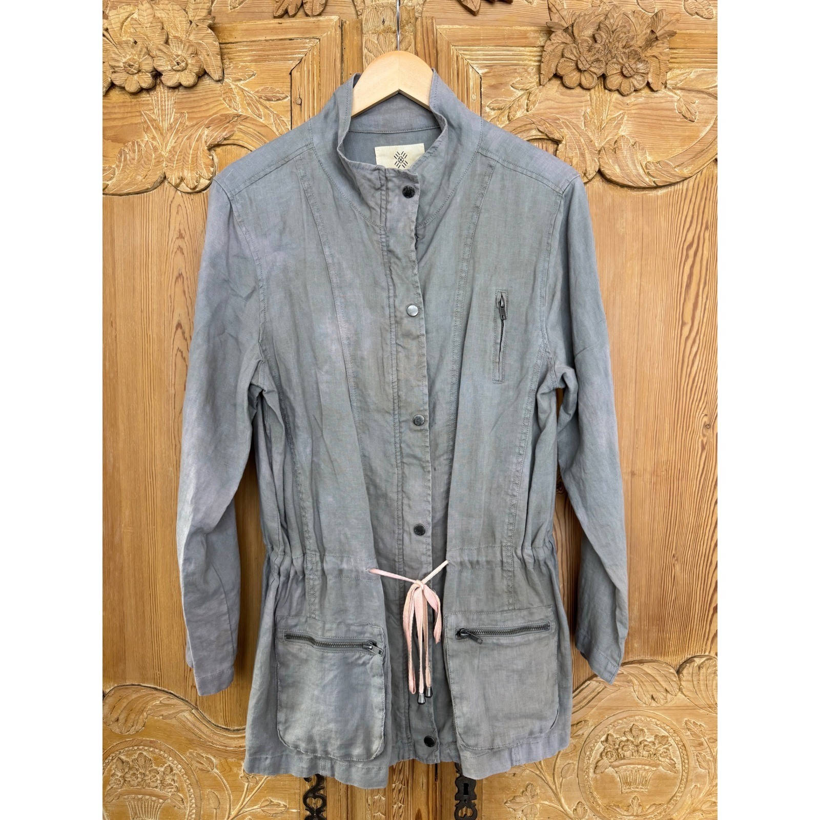 100% Linen Utility Jacket Size L – Drawstring Waist Bird Patch One of a Kind