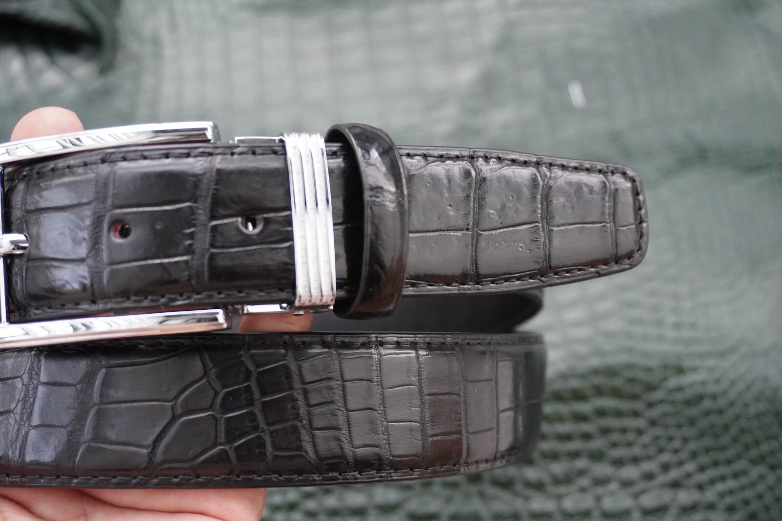 W1.3 inch Black Genuine Crocodile Belly Leather Skin Men’s Belt Pin Buckle #J02
