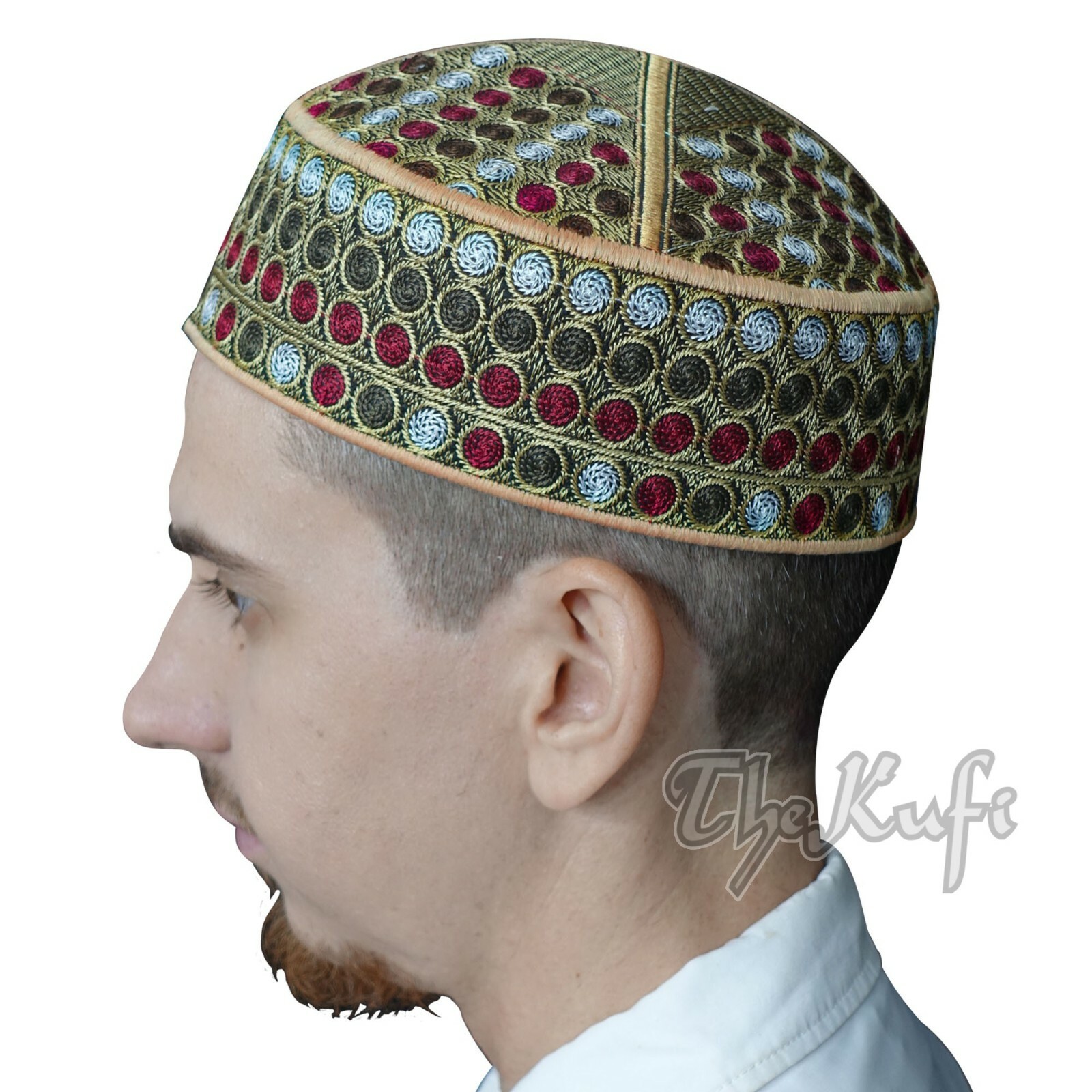 Khaki Green Maroon Embroidered Circle Design Semi-rigid Pakistani Style Kufi