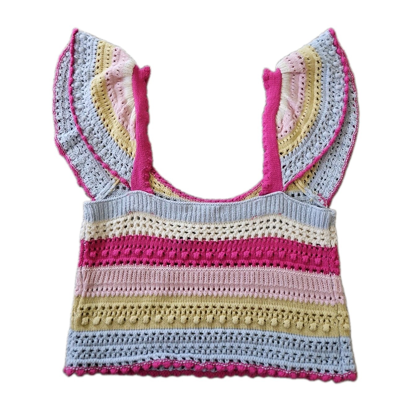 Sincerely Jules Small Crochet Knit Crop Top Ruffle Sleeve Boho Stripe NWOT