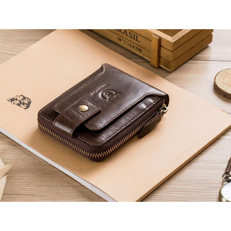 Zipper Wallet Mens Genuine Leather RFID Blocking Bifold Zip Around Card Holder W