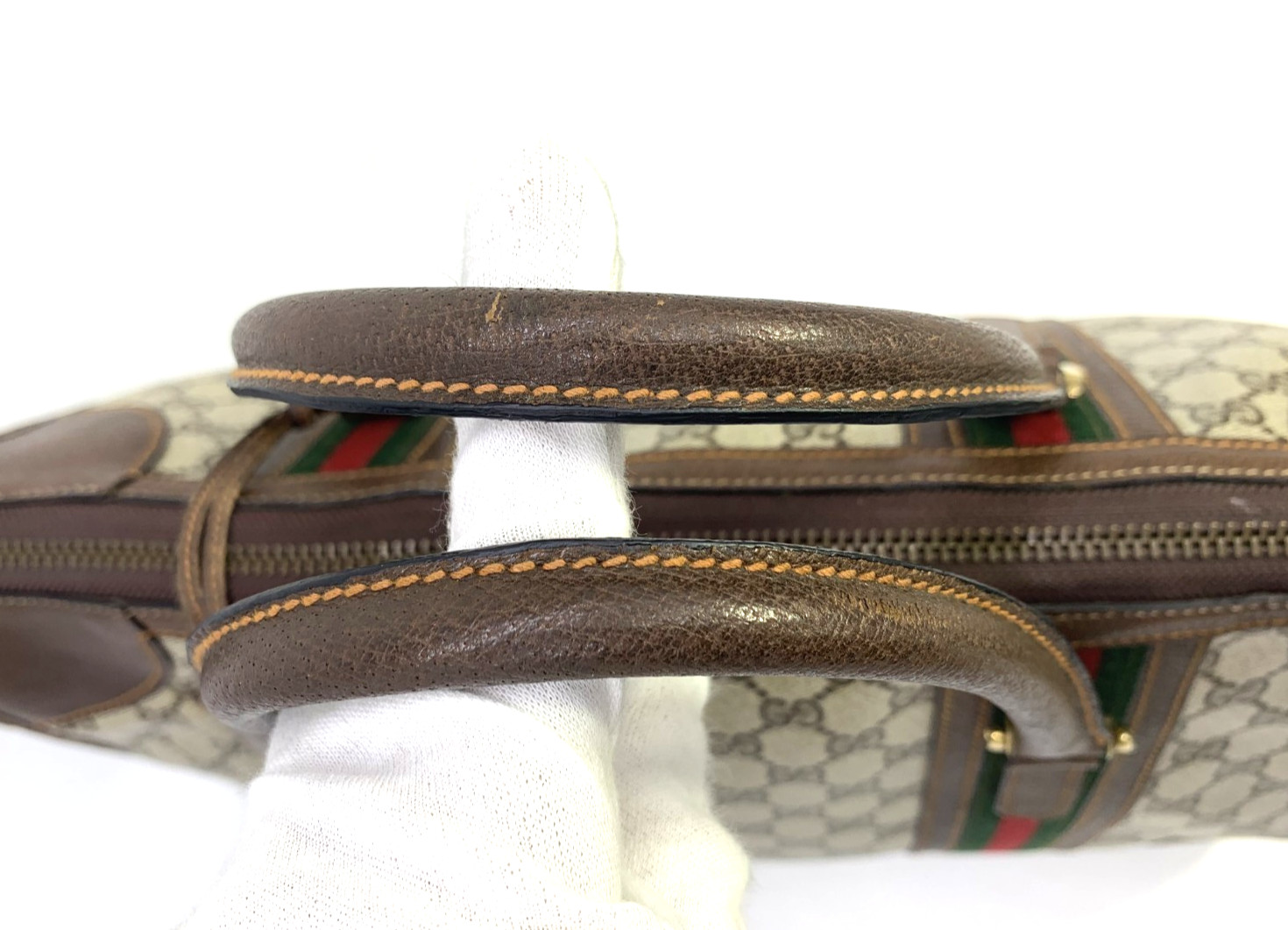 GUCCI VINTAGE Web Stripe Handbag Boston GG Supreme Classic Brown Rare Authentic