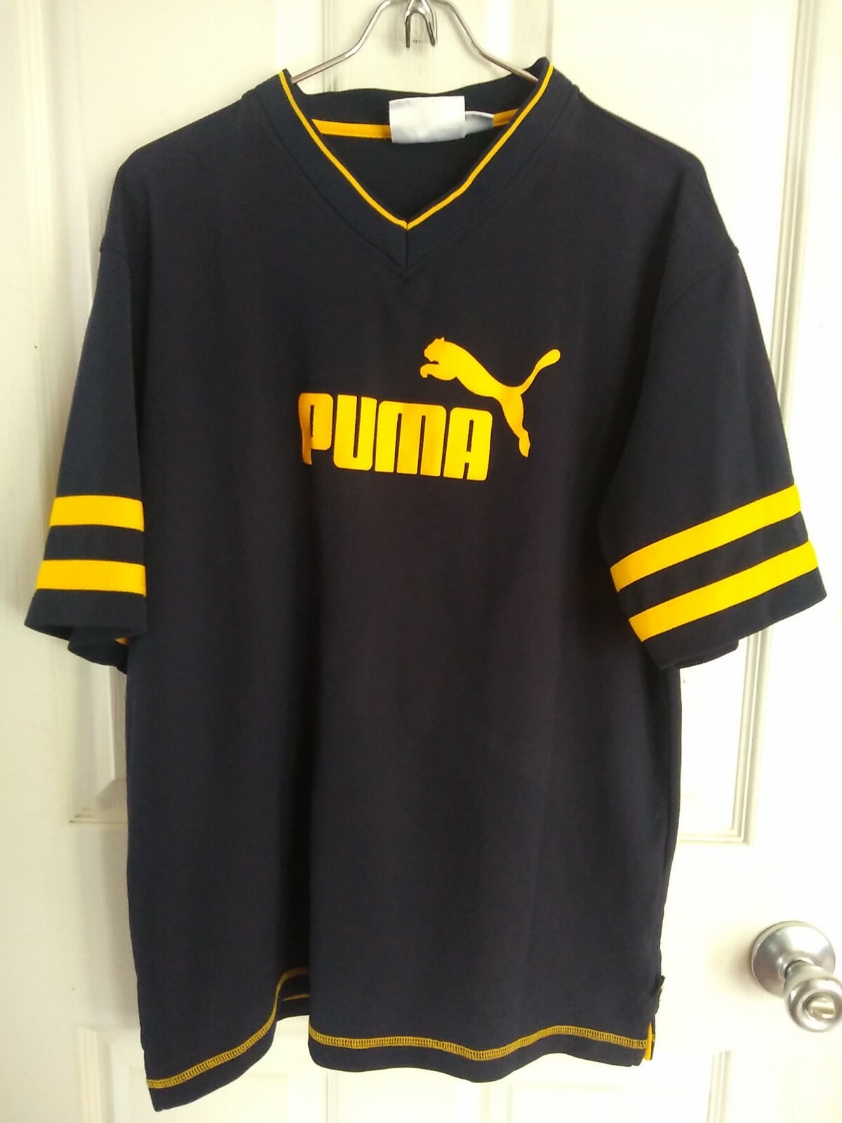 Puma Shirt Large Navy Blue With Yellow Logo Print & Trim Polyester?