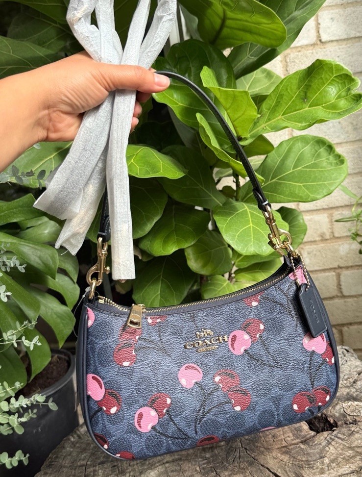 NWT Coach Teri Shoulder Bag In Signature Canvas With Cherry Print Handbag Denim