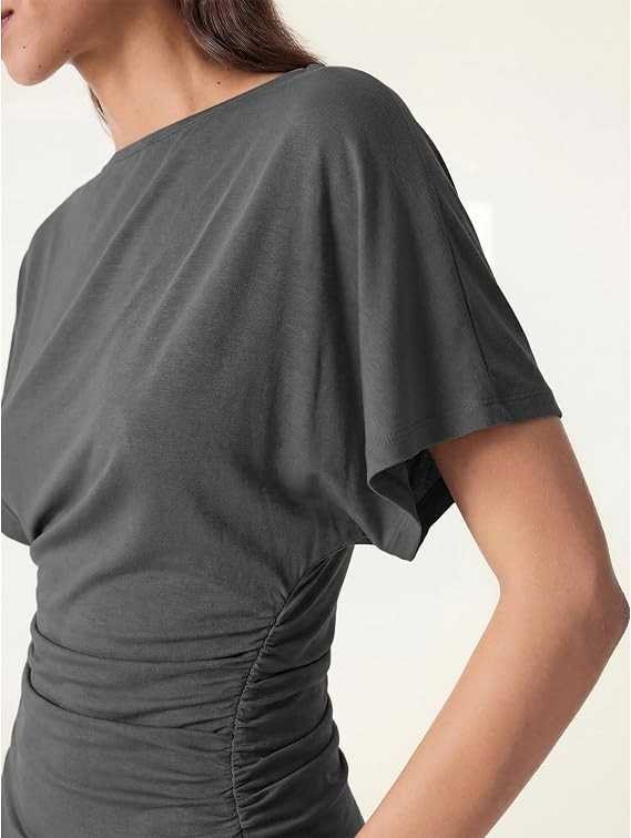 OGL x Sandwashed Effortless Boatneck Batwing Sleeve Side Ruched Top, Shadow