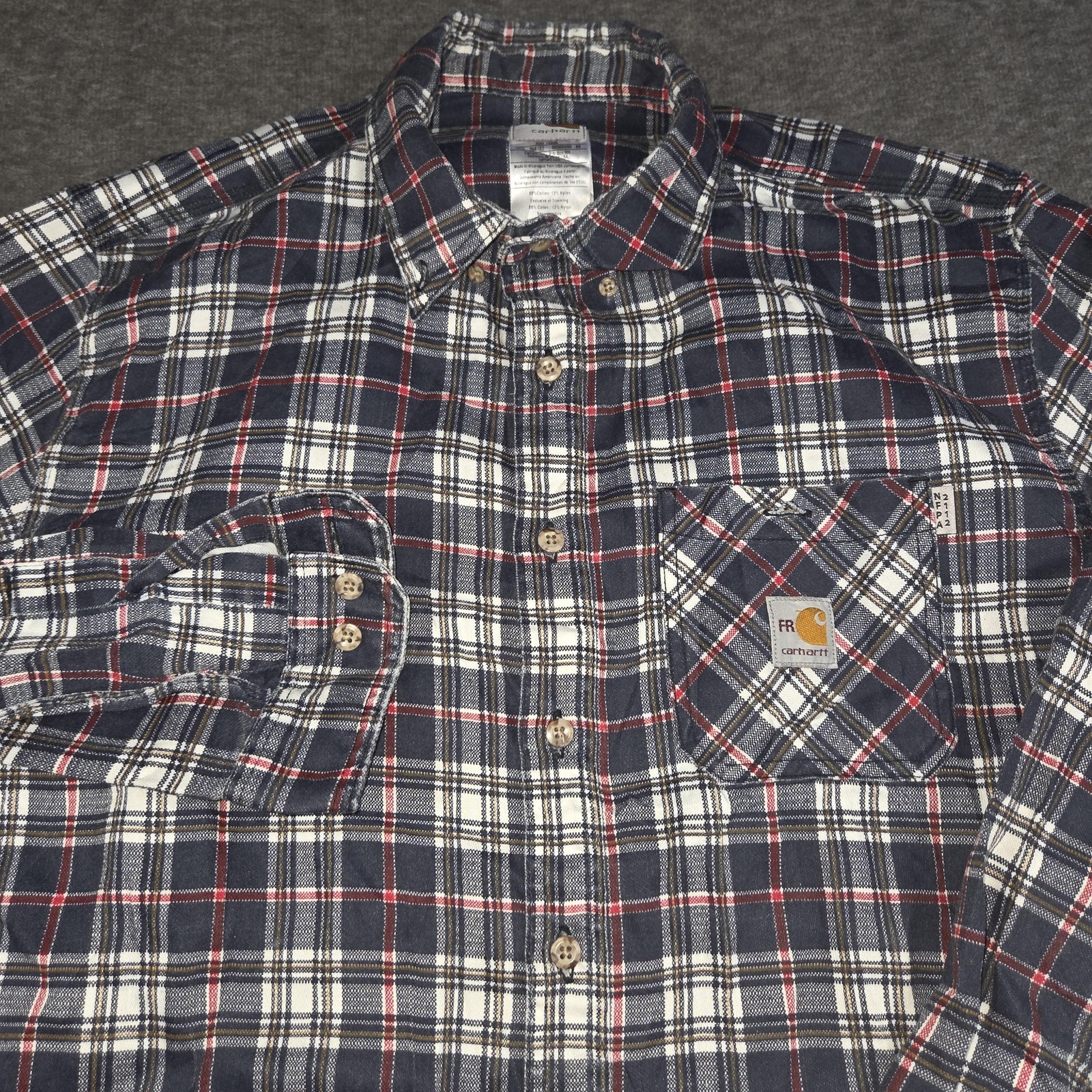 Carhartt Shirt Mens Large Blue Plaid FR Flame Resistant Workwear NFPA 2112