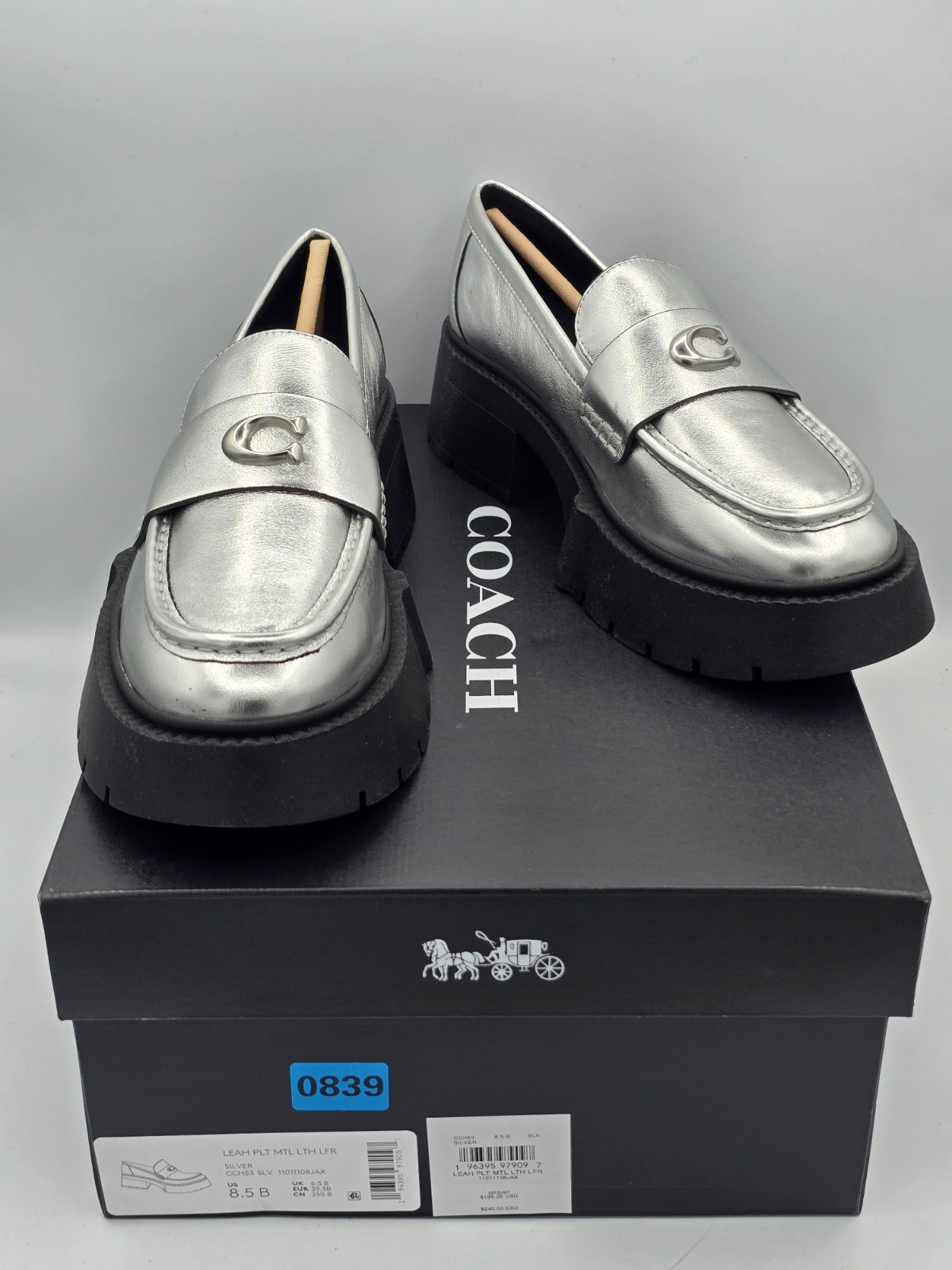 Coach Leah Metallic Leather Silver Loafers Chunky Heel SIZE 8.5 B NEW MSRP $195