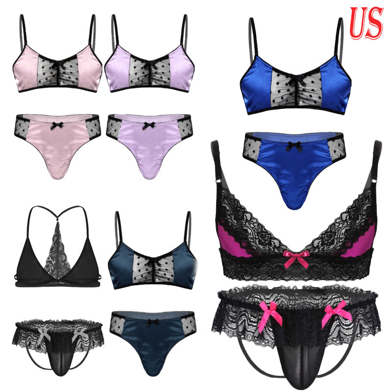 US Men Sissy Stain Lingerie Set 2 Pieces Lace Trim Cami Bra Top with Micro Thong