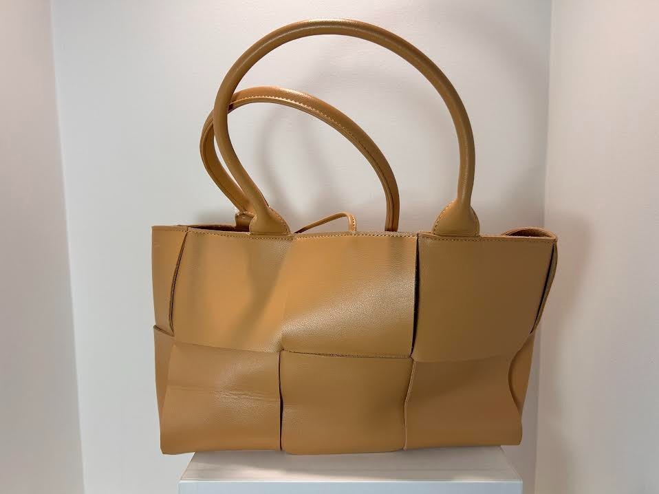 Bottega Veneta Small Arco Leather Tote Camel Tan Intrecciato Bag New Italy