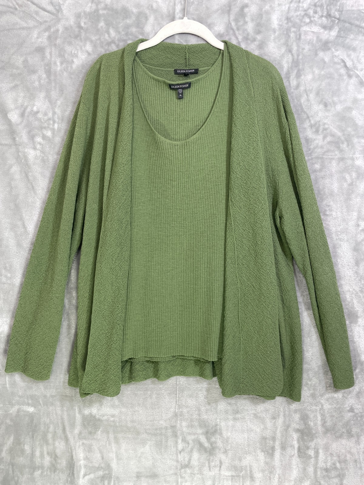Eileen Fisher 100% Wool Open Front Cardigan + Tank Set Size XL Green Minimalist