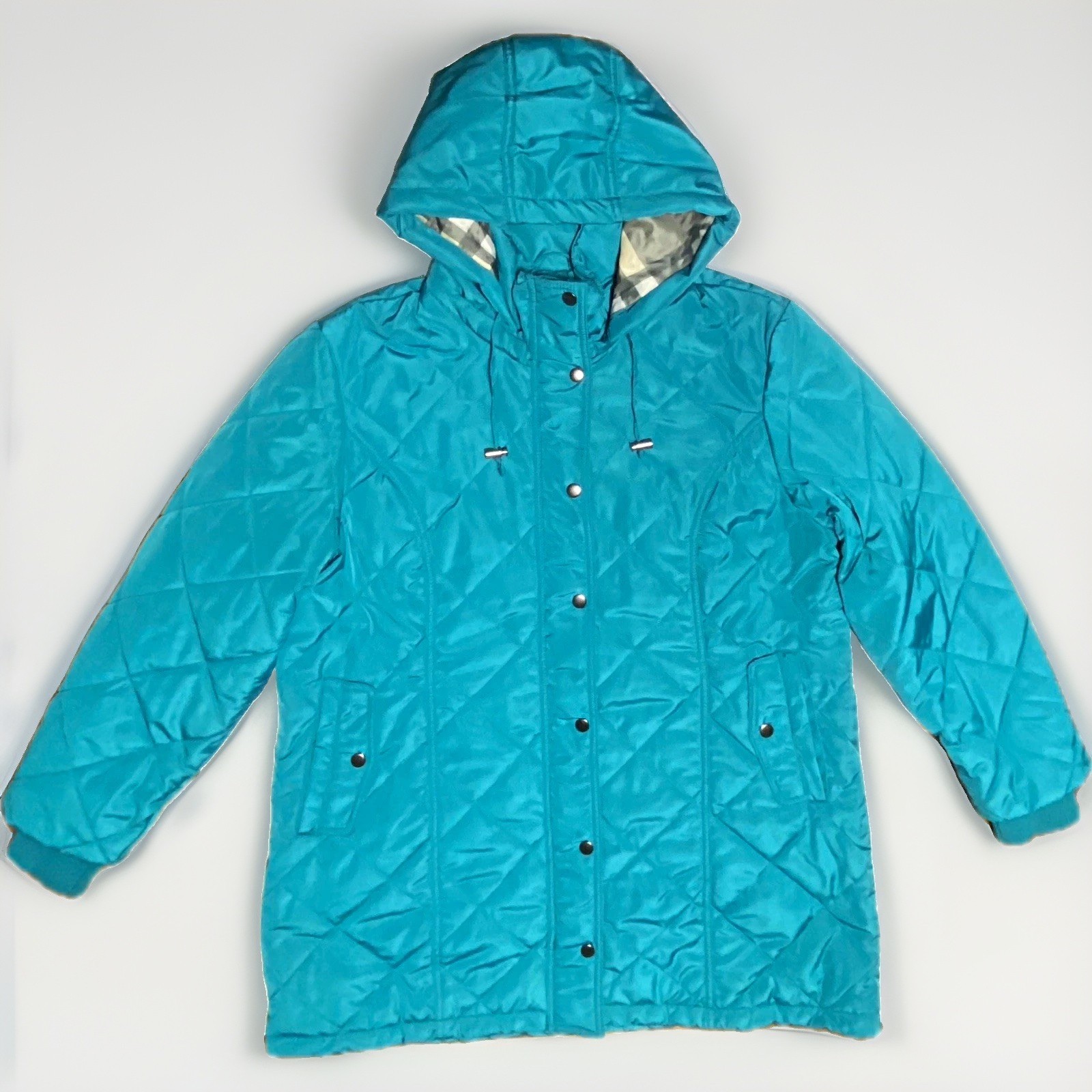BLAIR Women’s Petite PM Blue Hooded Quilted Long Coat Snap/Zip Closure