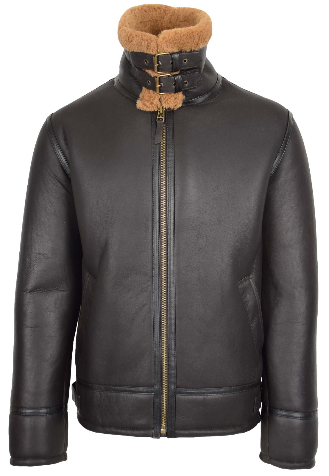 Mens Sheepskin Leather Jacket Real Ginger Shearling Lined Top Gun Aviator Brown