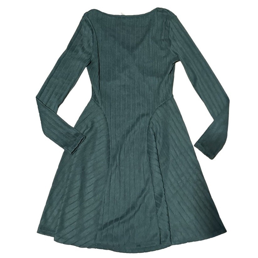 Halara Green Ribbed Fit & Flare Dress – Long Sleeve V-Neck – Size S