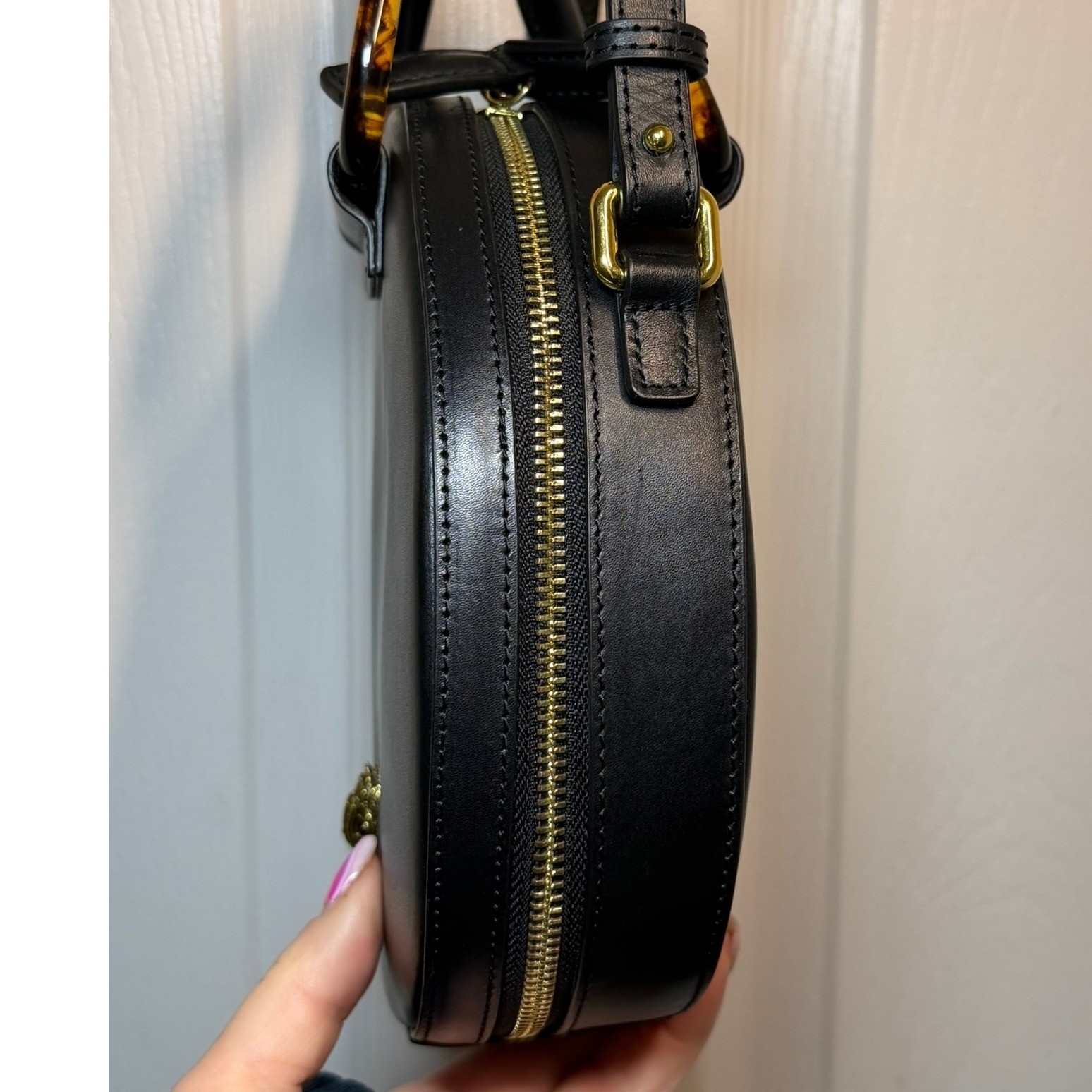 Kurt Geiger London Black Leather Round Crossbody Bag Tortoise Handle Eagle Head