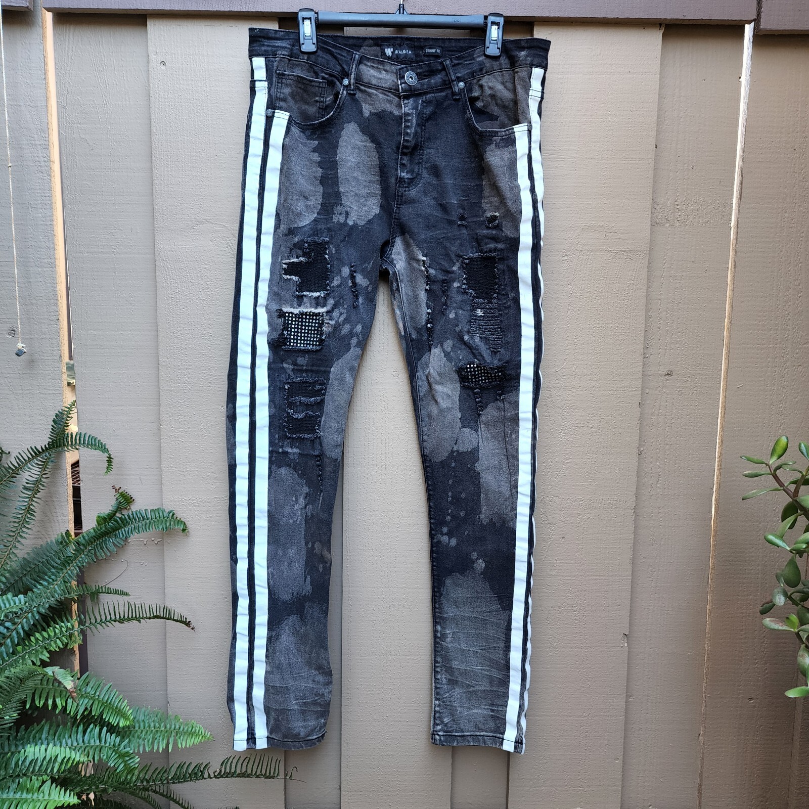 Waimea Jeans 34×32 Skinny Fit Black Distressed Bejeweled Straight Stretch Stripe
