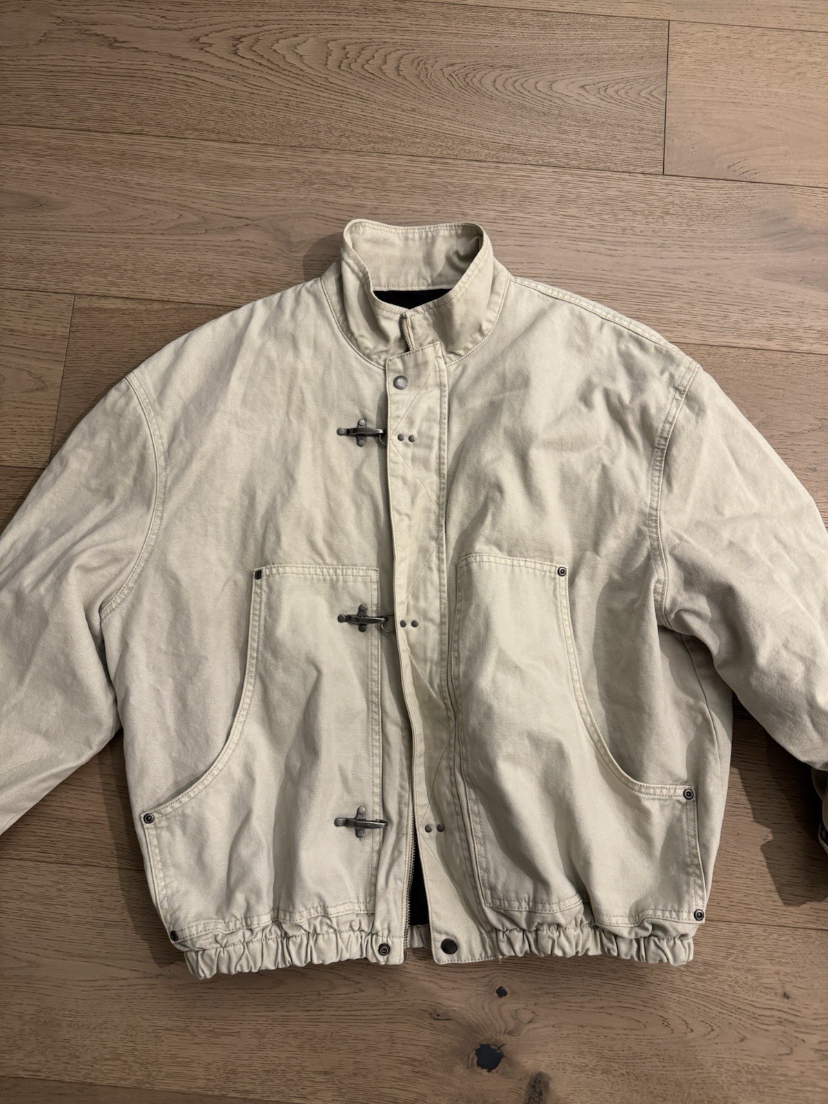 ZARA Men’s L Cream Canvas Utility Jacket Metal Toggle Workwear Bomber