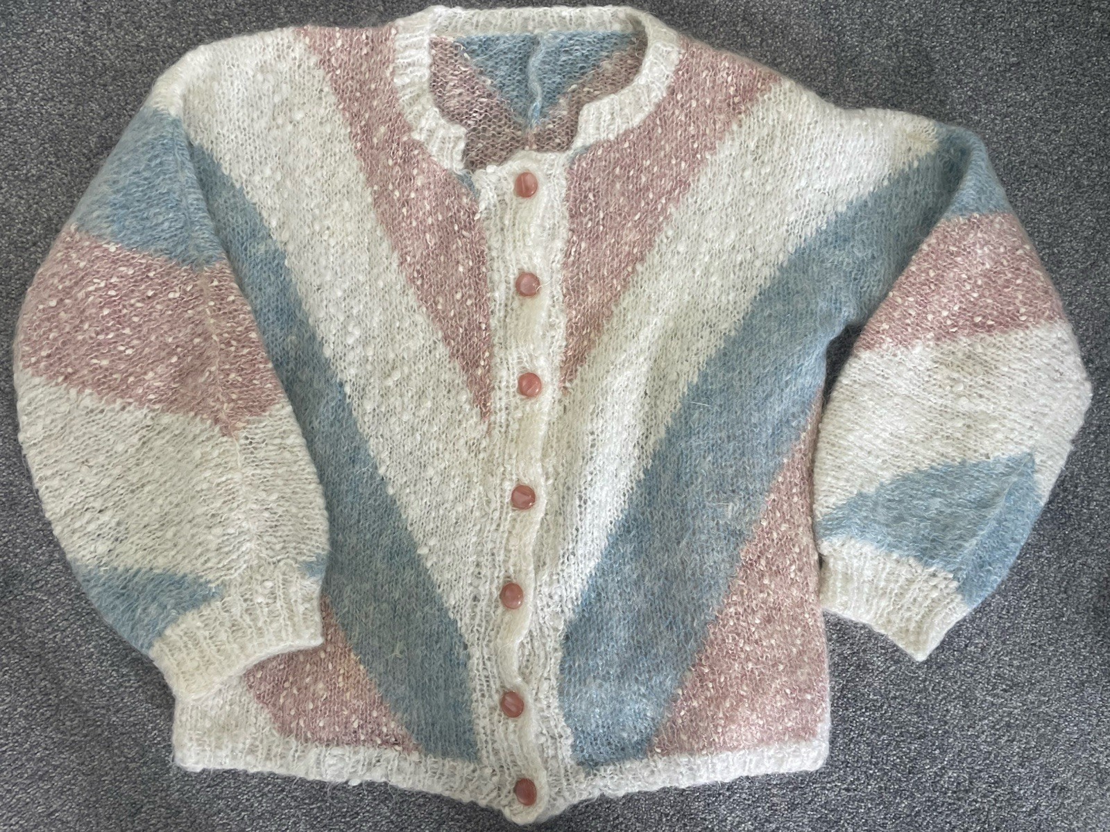 Hand Knitted Women’s Cardigan Size UK 12 Ivory Pink Blue Cottagecore Knit