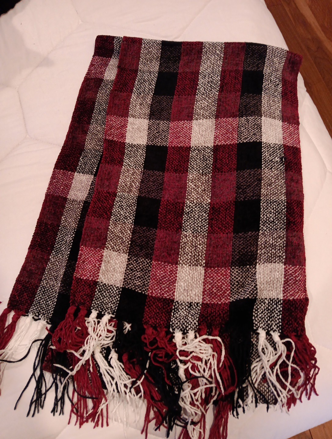 100% Rayon Gray, Red, Black, and White Checked Scarf 11 in. Wide x 76 in. Long
